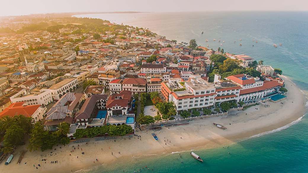 Stone Town rooftops at sunset in Zanzibar